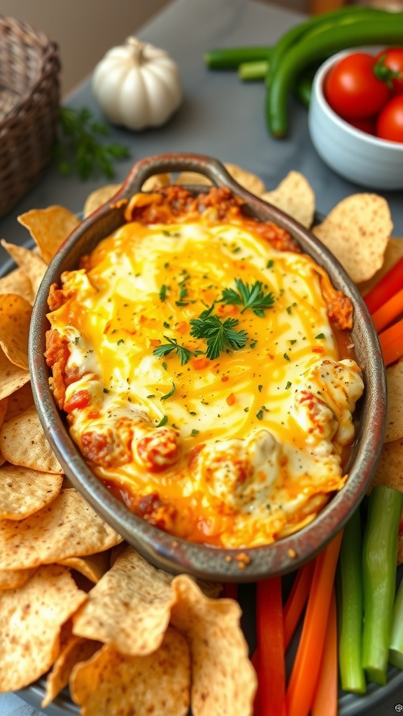 A cheesy garlic herb tomato dip in a baking dish with melted cheese, surrounded by tortilla chips and vegetable sticks.